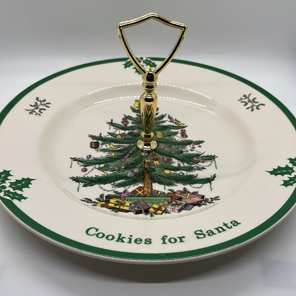 Spode Christmas Tree Cookie/Tidbit Plate with Green Trim